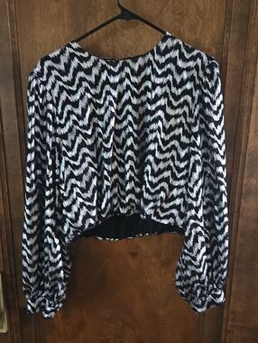 Zara Black and White Zigzag Balloon Sleeve Top